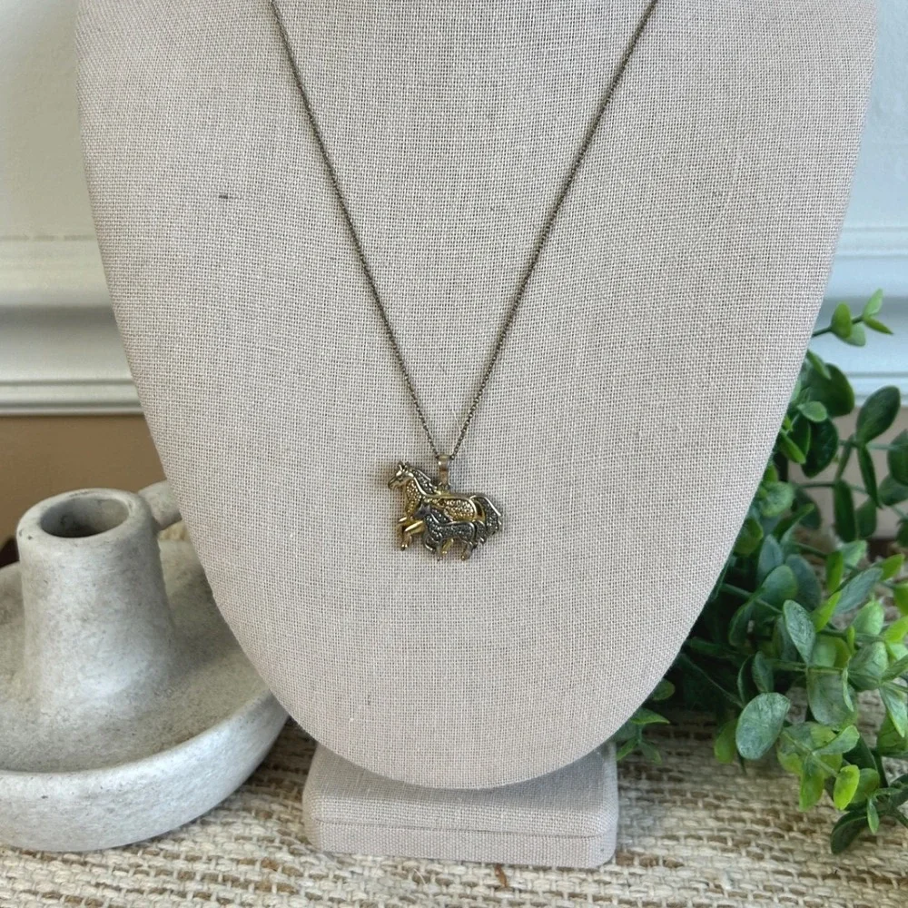 Vintage Two Tone Horse Pendant Necklace Gold Silver Equestrian Animal Jewelry